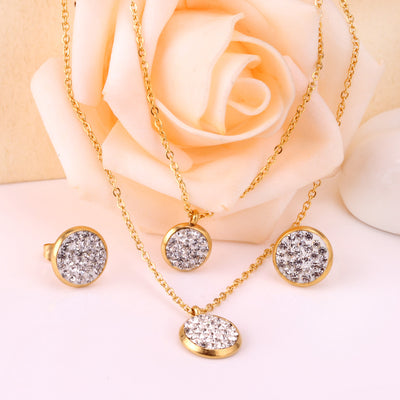 Gold plated stainless steel jewelry set with two layered necklaces and matching stud earrings. Features round crystal-studded pendants. - Image 7