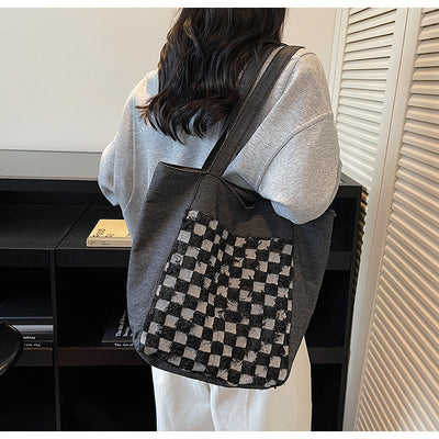 Bolsa Tote de Mezclilla Lavada con Patrón Escocés y Gran Capacidad - Image 24