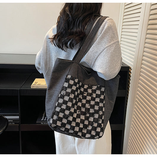 Bolsa Tote de Mezclilla Lavada con Patrón Escocés y Gran Capacidad - Image 24