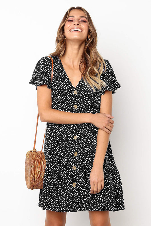 Vestido Estampado con Escote V y Botones de Manga Corta - Image 2