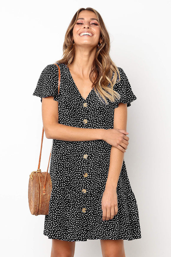 Vestido Estampado con Escote V y Botones de Manga Corta
