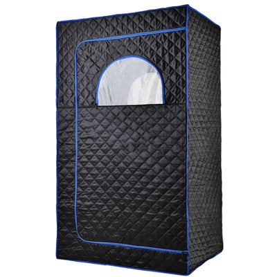 Portable brown quilted full body sauna room with steam generator, remote control, and accessories on a white background. - Image 4