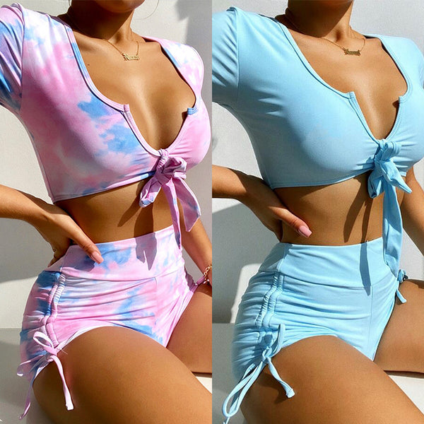 Bikini Sexy de Manga Corta para Mujer, Traje de Baño de Dos Piezas