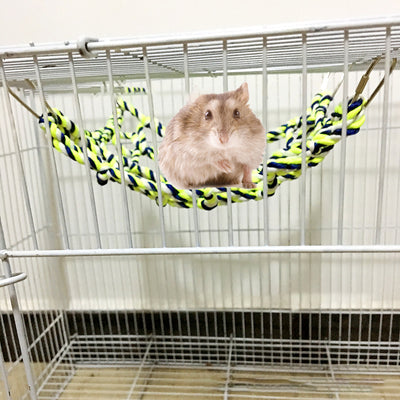 Yellow and blue woven rope climbing net for small pets, featuring a grid pattern and four metal hooks. - Image 8