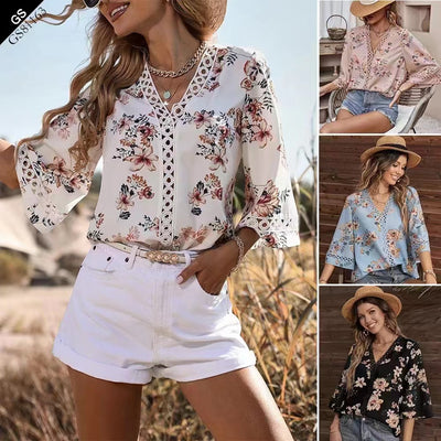 Blusa Elegante Suelta con Escote en V y Mangas Acampanadas de Encaje - Image 17