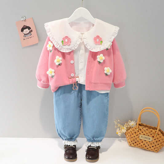 Conjunto de Tres Piezas con Cardigan de Cuello Muñeca para Niñas