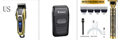 Professional Kemei hair clipper, electric shaver, and ornate gold beard trimmer with guide combs, cleaning brush, USB cable, and oil. - Image 9