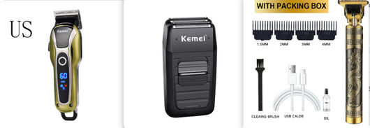 Professional Kemei hair clipper, electric shaver, and ornate gold beard trimmer with guide combs, cleaning brush, USB cable, and oil. - Image 9