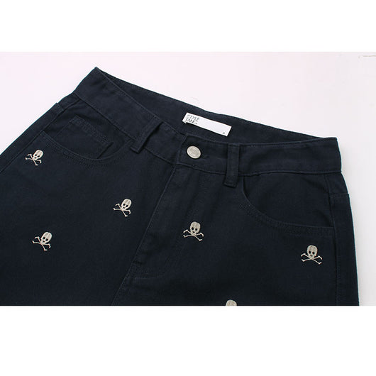 Pantalones Rectos Holgados Tibetanos con Estampado Calavera Azul - Image 5