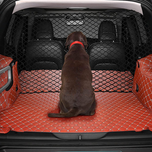 Black mesh dog protective net installed in a silver hatchback trunk, separating a golden retriever from the front seats. - Image 4