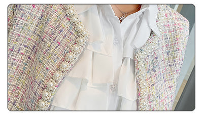 Conjunto Elegante de Chaqueta Tweed y Blusa Plisada para Mujer - Image 26