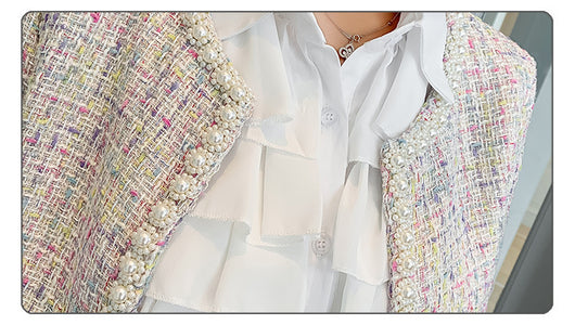 Conjunto Elegante de Chaqueta Tweed y Blusa Plisada para Mujer - Image 26