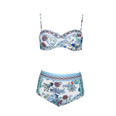 White two-piece bikini with colorful floral and peacock pattern, featuring a bandeau top and high-waisted bottoms. - Image 6