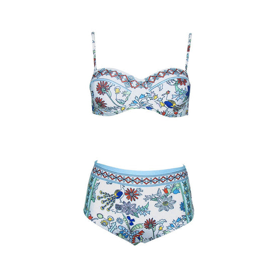 White two-piece bikini with colorful floral and peacock pattern, featuring a bandeau top and high-waisted bottoms. - Image 6