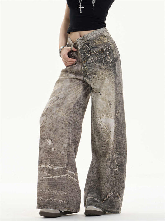 Pantalones Vaqueros Retro Desgastados Corte Recto Pierna Ancha - Image 4