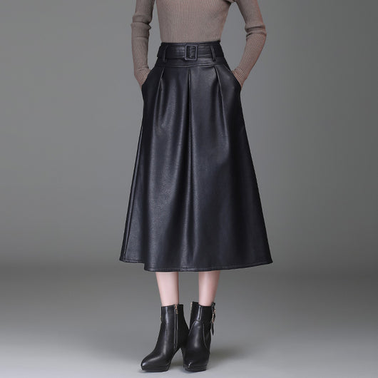 Falda de Cuero PU Cintura Alta Estilo Western - Efecto Adelgazante