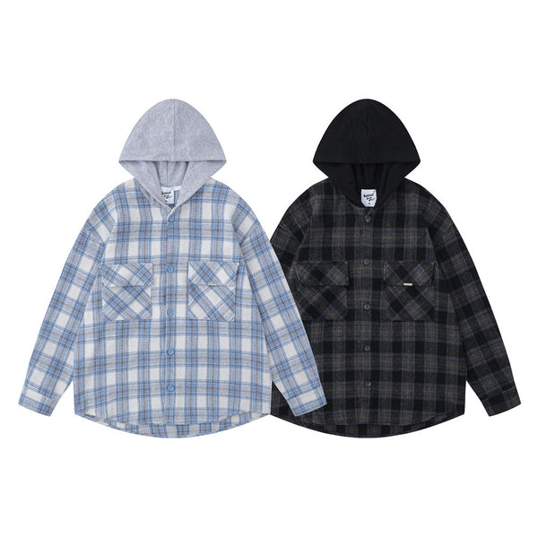 Camisa Cuadros Suelta con Capucha Estilo Retro para Hombre