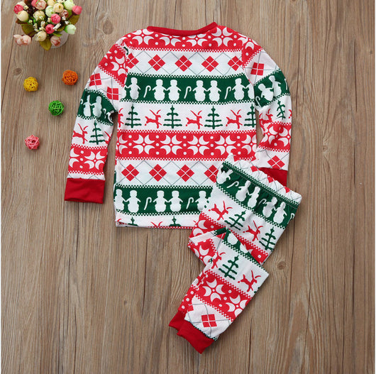Christmas long-sleeved pajama set with red, green, and white fair isle print featuring snowmen, reindeer, and trees. - Image 14