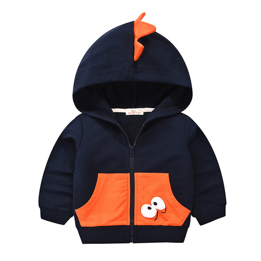 Navy blue children's hooded jacket with orange dinosaur spikes on the hood and googly eyes on the front pocket. - Image 6