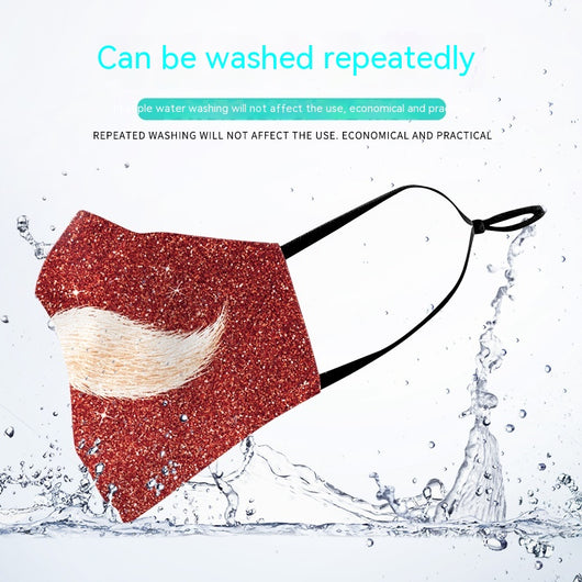 Red glitter protective face mask with a white mustache graphic and black ear loops, perfect for Christmas. - Image 20