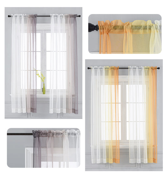 Pink and white gradient sheer rod pocket curtain panels hung on a black rod in front of a window. - Image 14