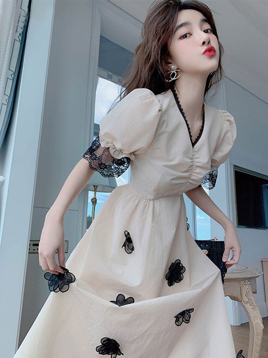Vestido Largo Elegante con Mangas Puff - Diseño Princesa Francés V-Neck