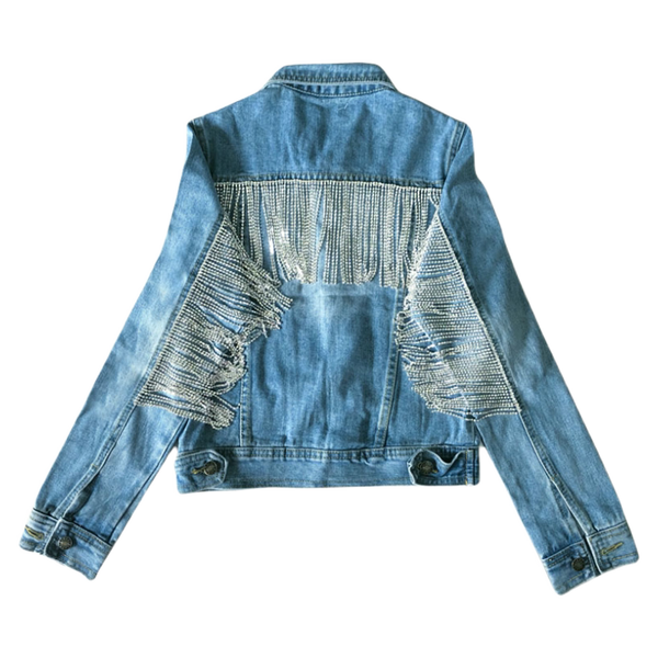 Chaqueta Denim Slim Azul Claro con Detalles de Strass en Solapa