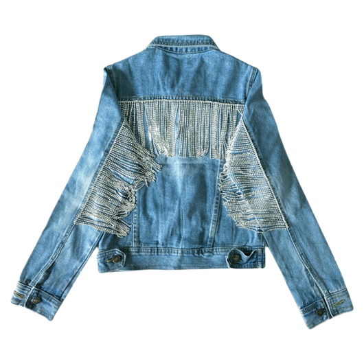 Chaqueta Denim Slim Azul Claro con Detalles de Strass en Solapa - Image 2