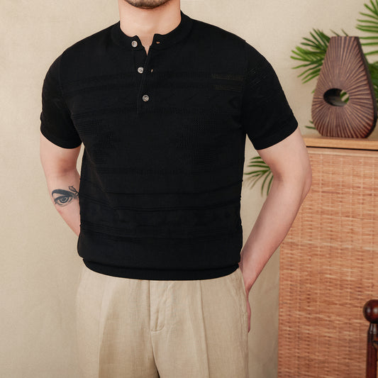 Camiseta Henley de Manga Corta en Mezcla Tencel Algodón Jacquard