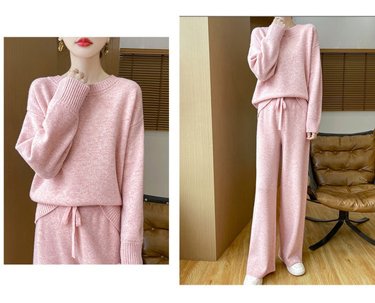 Conjunto de Abrigo Tejido Grueso Lana Australiana - Suéter Escote Redondo Estilo Occidental + Pantalón Recto - Image 33
