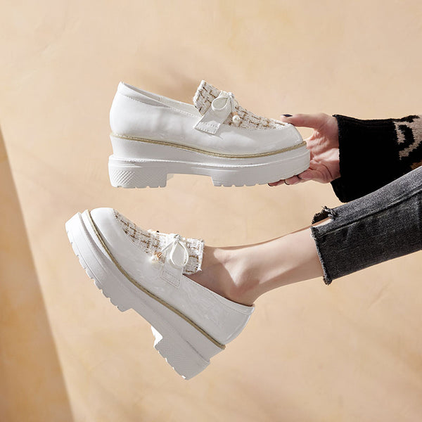 Zapatos Casuales de Cuero Charol con Moño y Suela Gruesa