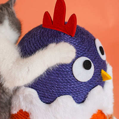 Purple and orange cotton rope cat toy shaped like a chick hatching from an egg with white faux fur trim. - Image 3