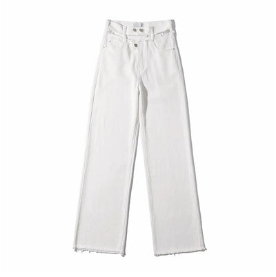 Pantalón Denim Recto con Borde Crudo y Drapeado Hueco - Image 5