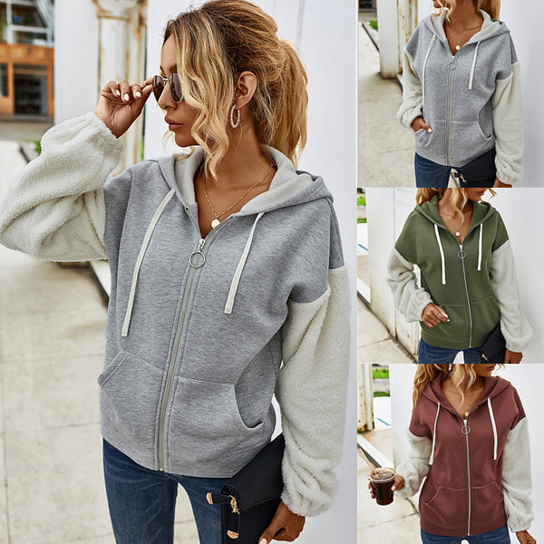 Chaqueta Casual Patchwork con Capucha y Mangas Largas de Contraste