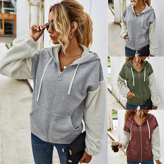 Chaqueta Casual Patchwork con Capucha y Mangas Largas de Contraste