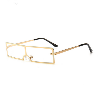 Red rectangular rimless sunglasses with gold-colored metal temples and black ear tips on a white background. - Image 14