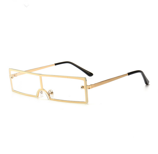 Red rectangular rimless sunglasses with gold-colored metal temples and black ear tips on a white background. - Image 14