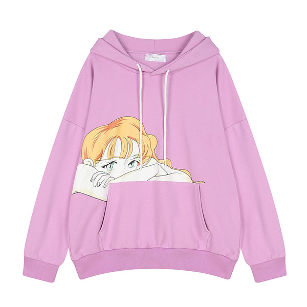 Sudadera Universitaria con Capucha y Estampado de Dibujos Animados - Estilo Coreano Holgado para Mujer