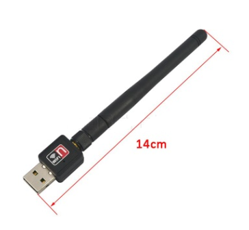 Black mini wireless USB WiFi adapter with an external antenna for PC networking. - Image 3