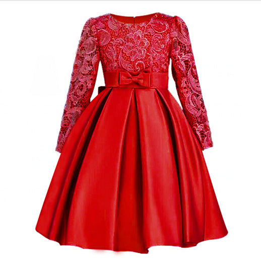 Vestido de Princesa Infantil Encaje Morado - Manga Larga Otoño Invierno