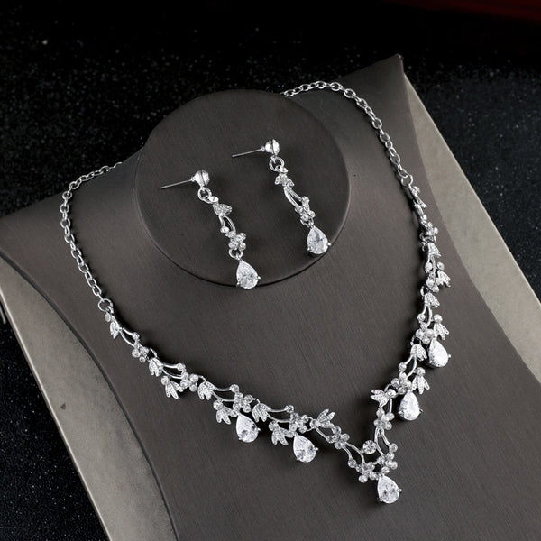 Conjunto de Collar y Aretes de Circón Elegante para Novia Coreana