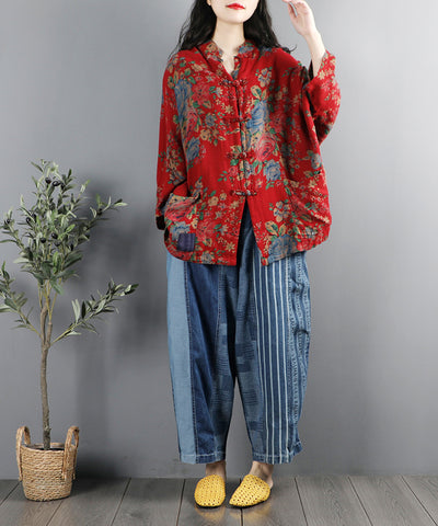Camisa Retro Étnica con Cuello Mao y Estampado Floral - Image 7