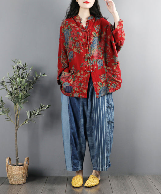Camisa Retro Étnica con Cuello Mao y Estampado Floral - Image 7