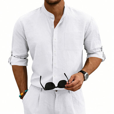 Camisa de Lino Estilo Americano con Cuello Mao y Mangas Medianas para Hombre - Image 14