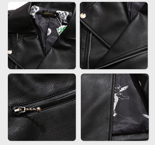 Chaqueta de Cuero para Hombre con Estampado de Letras y Cierre - Image 5