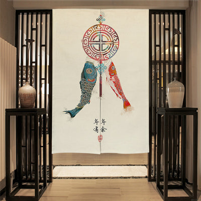 Chinese style fabric door curtain with cherry blossoms, colorful lanterns, and a white cat walking on a beige background. - Image 3