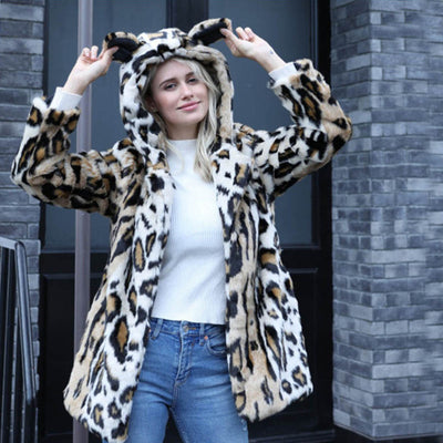Abrigo de Piel de Visón Estampado Leopardo con Capucha para Mujer - Image 14