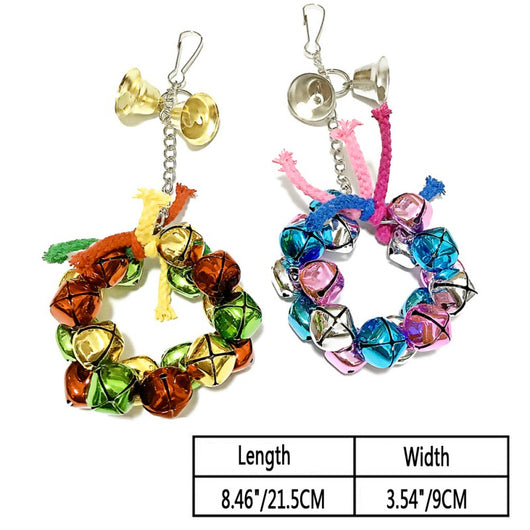 Red and green cotton rope parrot nibble toy with golden bells and a metal hook for bird cage attachment. - Image 10