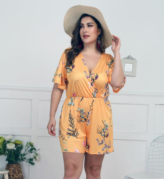 Enterizo Corto Casual con Escote Profundo y Estampado
