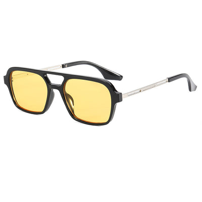 Retro black frame sunglasses with pink square lenses and a double bridge, featuring silver-colored temple accents. - Image 3